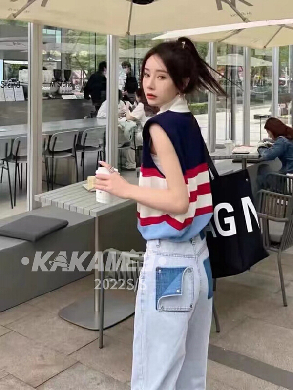 New in early summer! [kakamee] fashion retro color matching striped vest / suspender b002# LSL