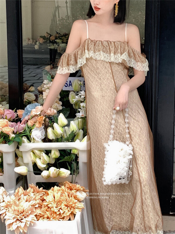 [edition] Korean style stitched lace one-line collar Ruffle Dress 4706# XYJ