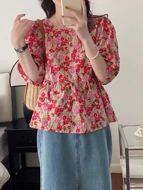 [Fuyue] round neck floral bubble sleeve shirt 22075# HBx