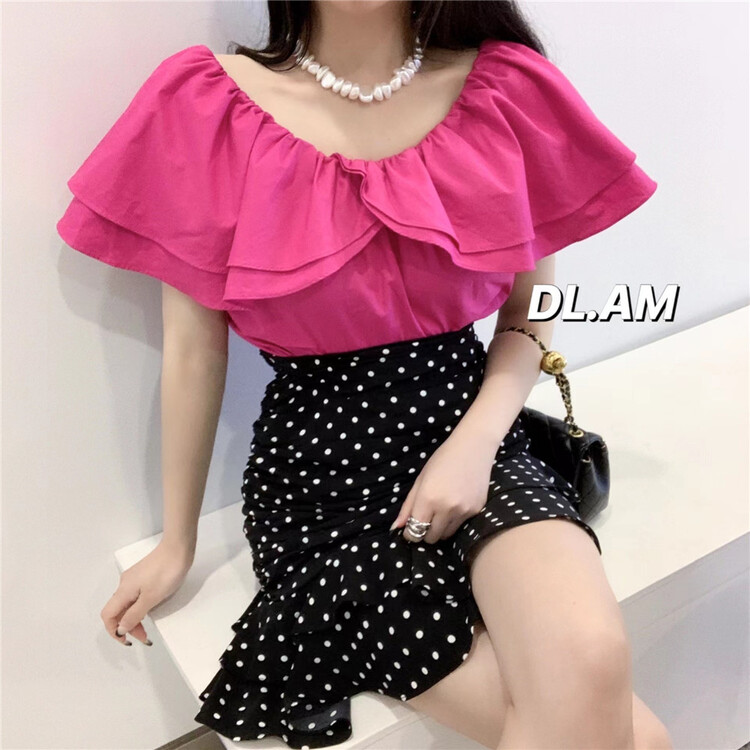 [dl. Am] French sexy one line shoulder lotus leaf edge blouse 282# WPL