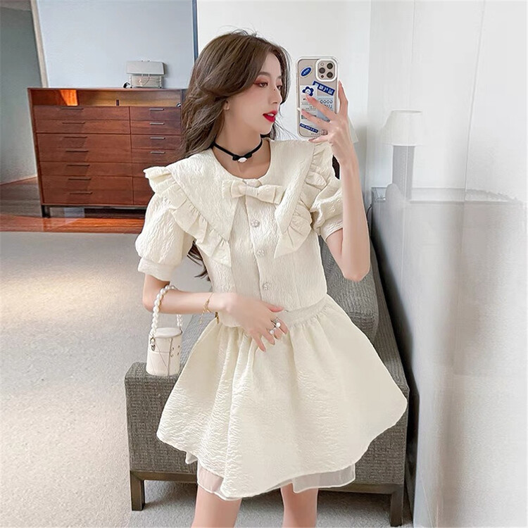 [Linna] large lapel textured blouse + sweet skirt suit (bow can't be removed) 124607# zxx
