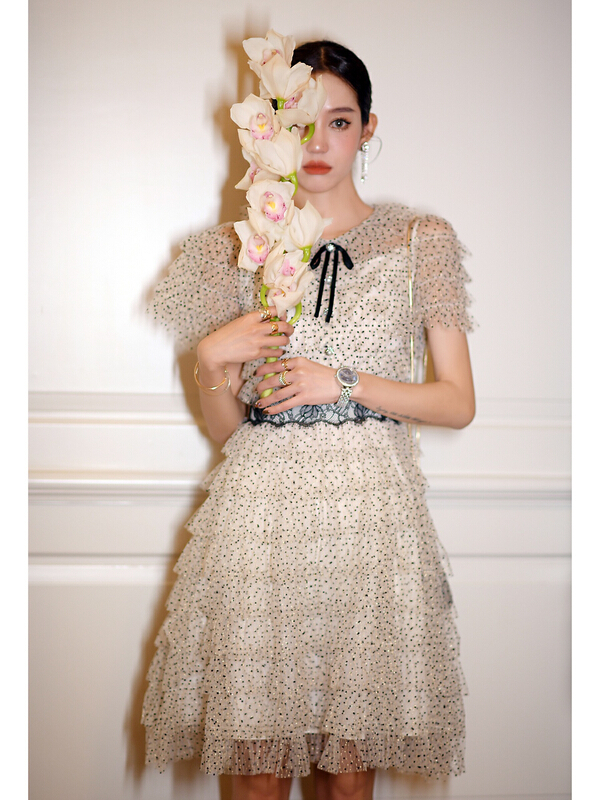 [pepper] temperament slim fit stitched mesh puffy dress 1211# ozq