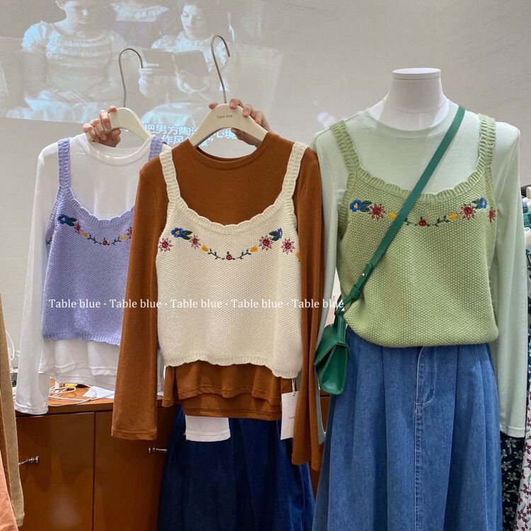 goods in stock! [table blue] Korean light familiar embroidered vest / sling (vest only) 2082# LSW