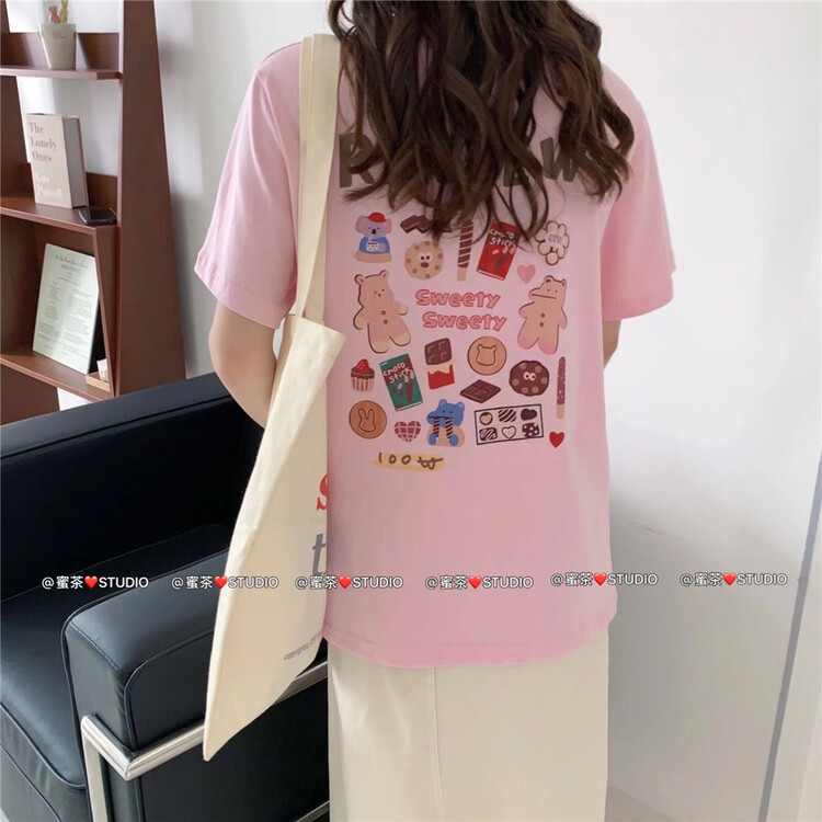 [honey tea] Korean back letter cartoon printed short sleeve T-shirt 77062# LSL