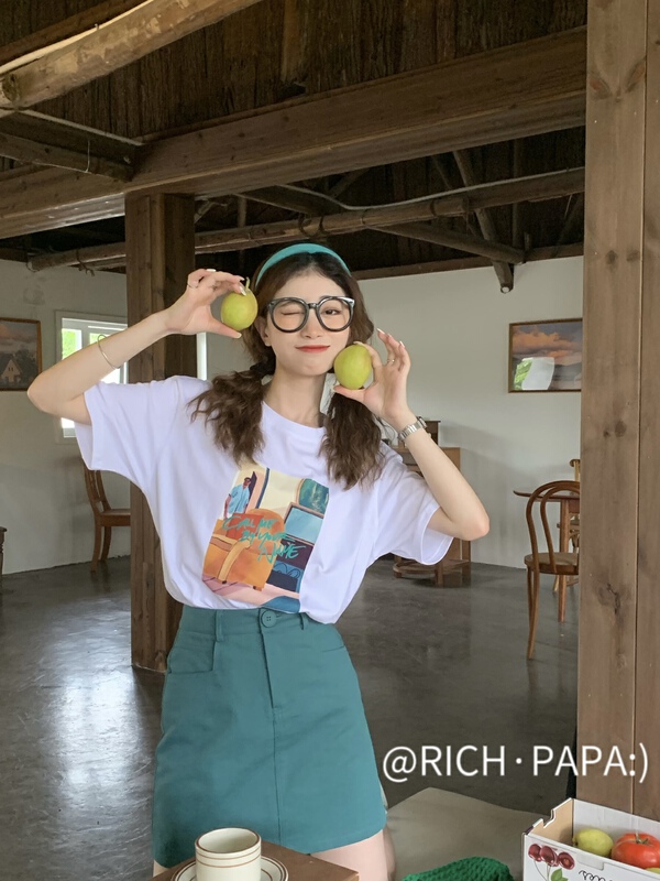 Six colors! [rich Papa] Vintage oil painting department artistic printing short sleeve T-shirt t296# zxx