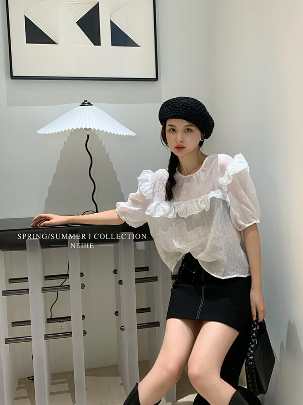 [neihe] lotus shoulder chiffon micro transparent shirt 22093# zxx