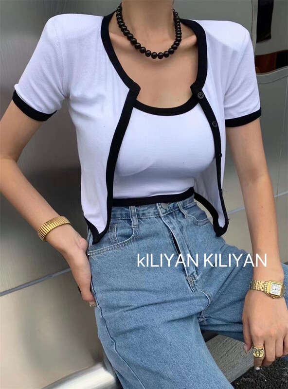 [Kili] color blocked round neck short sleeve T-shirt + Fashion versatile suspender vest set 1180# XYJ