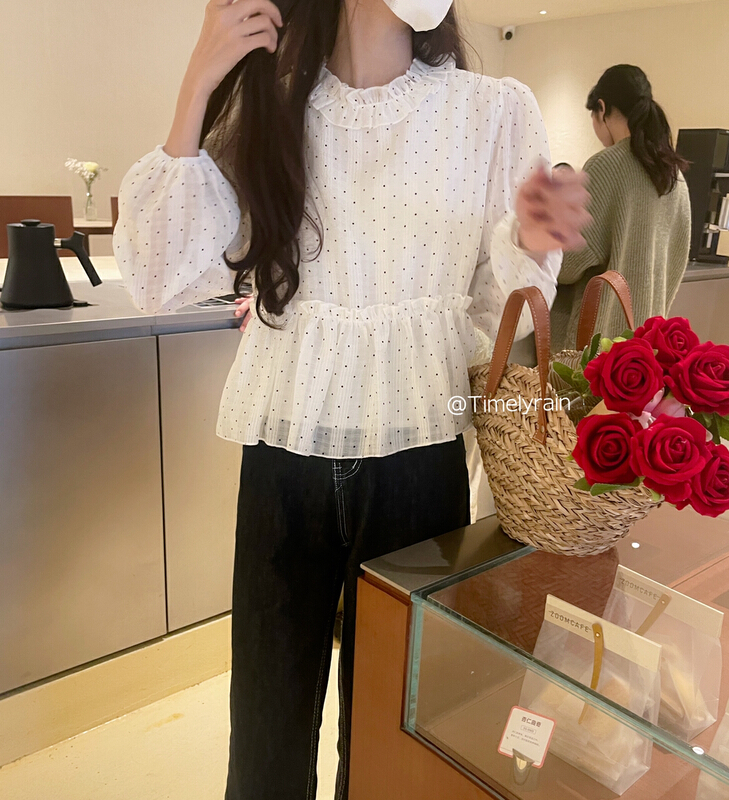 goods in stock! New year in early spring! [timely rain] Han Feng ins sweet wave point lotus leaf collar loose and versatile small shirt a0275# jhy