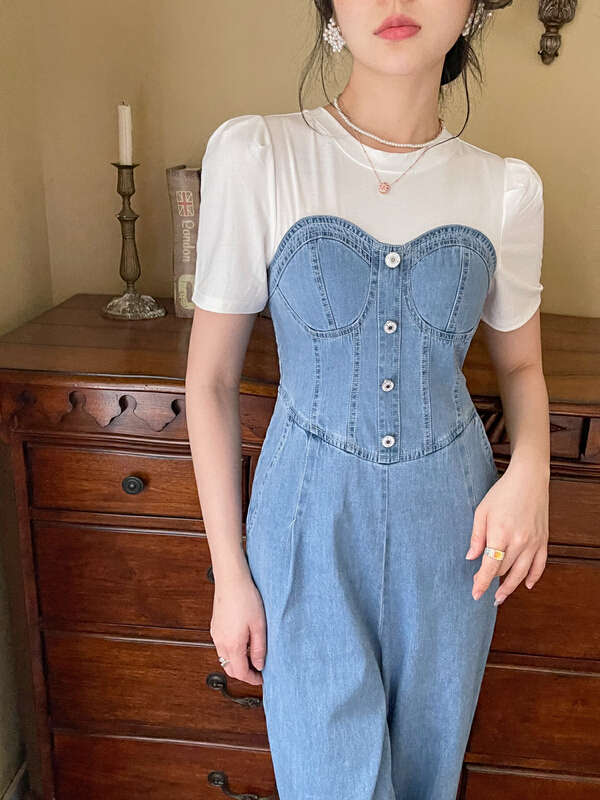 [mi2] Korean slim stitched denim waist closing Jumpsuit a3289# JJ