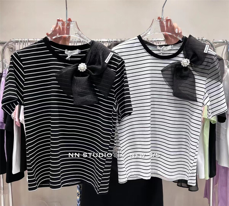 [NN] Korean round neck bow stripe short sleeve T-shirt (bow can't be removed) 7291# XYY