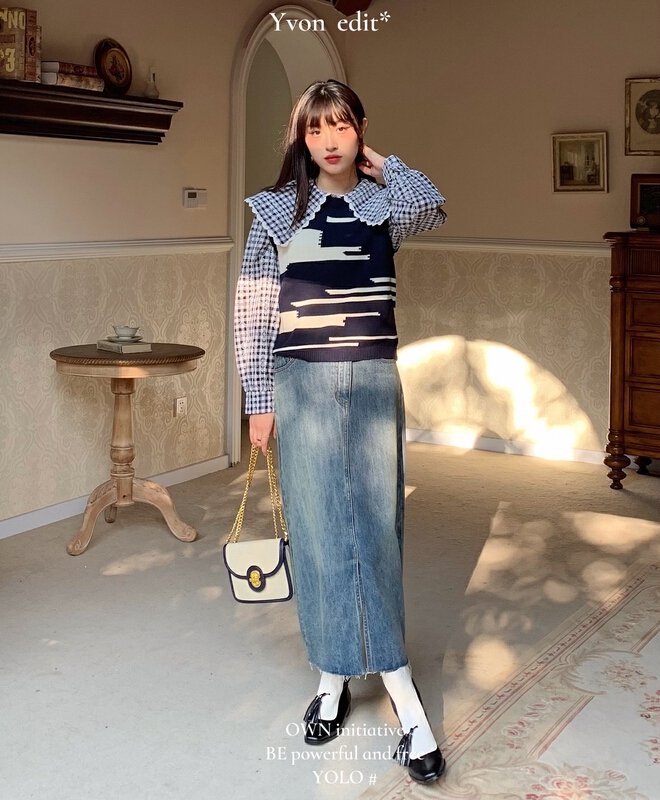 Original price 94.99! New year in early spring! [Yiwan y.von] color blocking personality versatile skinny denim skirt 1882# XJ