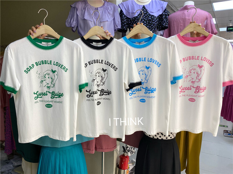 [I think] simple animation little girl print short sleeve T-shirt 66263# CLS
