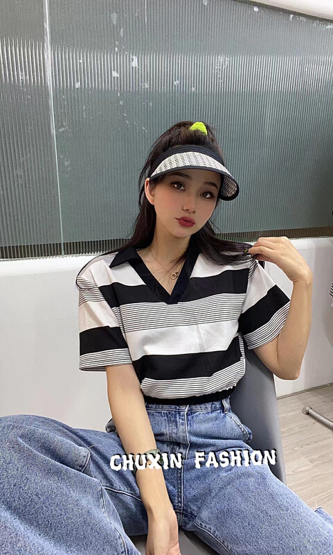 [c.x Chuxin] Korean personalized stripe short polo shirt 6135# WTT