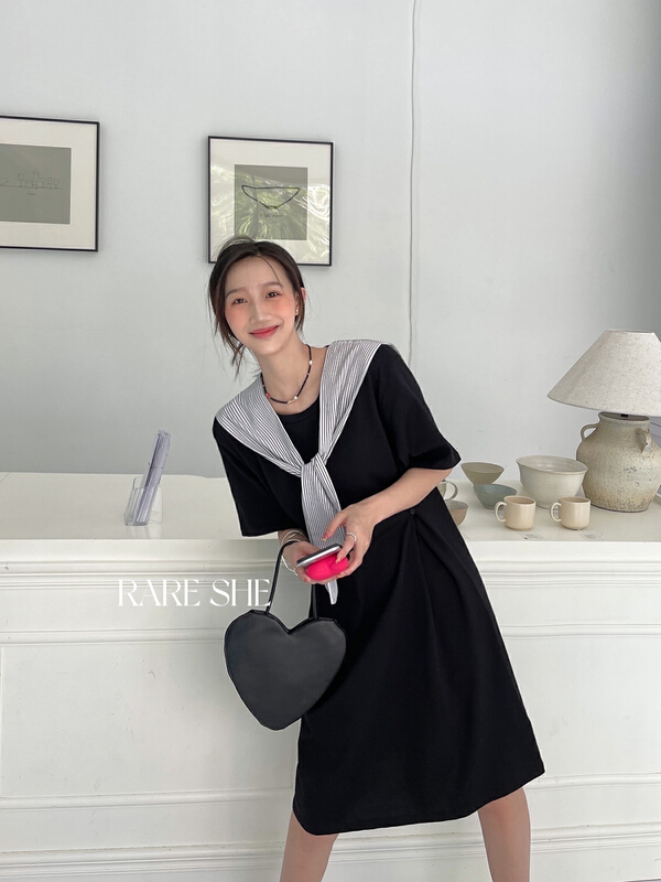 New in early summer! [rare she] knit dress with waist buckle design (with striped shirt shawl) 5201# LSW