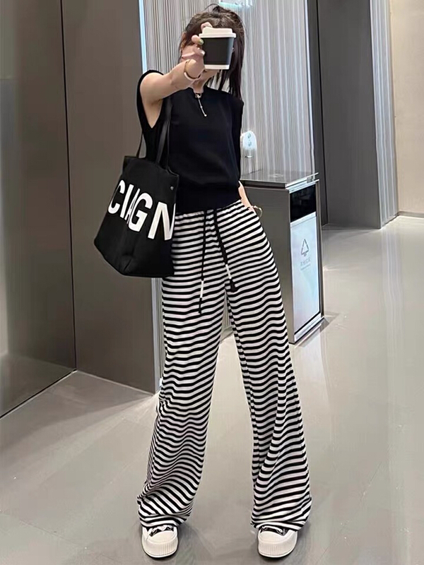 [Kiki studio] comfortable foreign style sweater + slim high waist striped casual pants set 5873# hjy