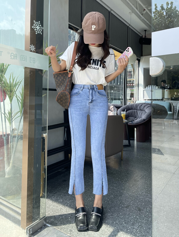 [en Xier] versatile slim split elastic pipe jeans k1033# L