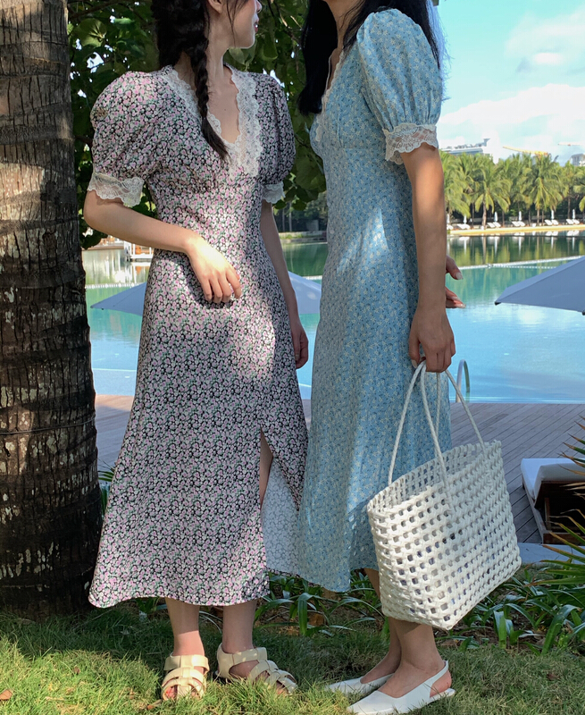 New in early summer! [u say] French lace doll neck sweet and thin floral dress 65535# LSL