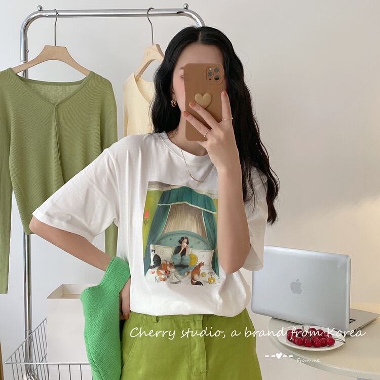 New year in early spring! [cherry studio] crew neck loose print short sleeve T-shirt 5015# HBx