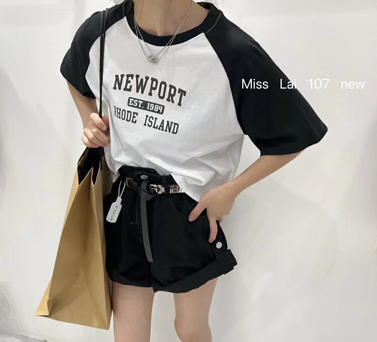 [HH & miss Lai] letter round neck color blocking short sleeve T-shirt 107# L