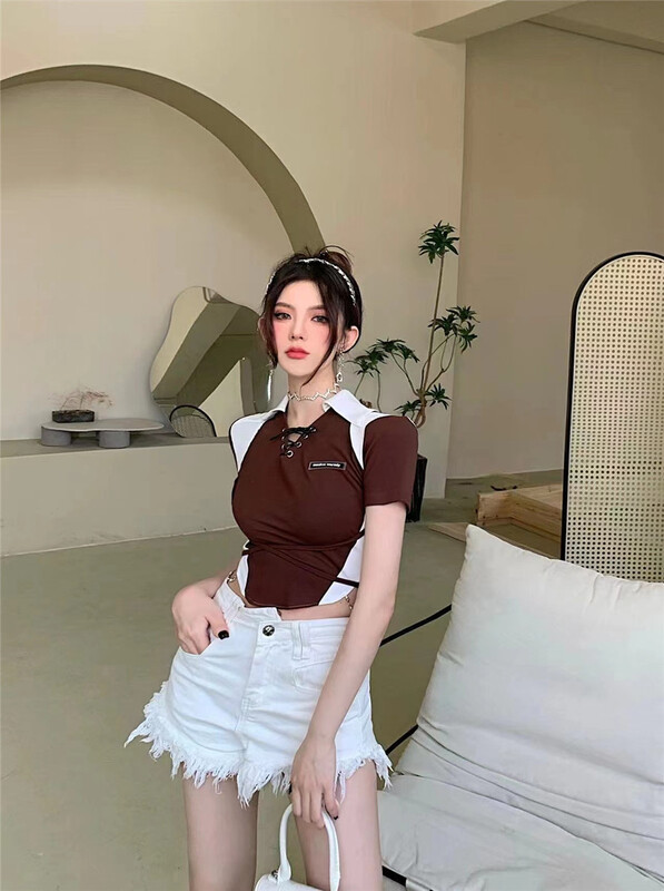 初夏上新!【有錢人】個性撞色綁帶短款小衫(配鏈條可拆)  1081#  PCZ