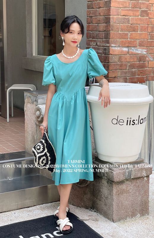 [tabmini] Korean slim round neck bubble sleeve dress x19654-a# WPL