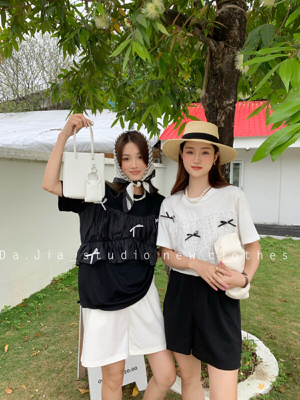 New in early summer! [Dajia] Korean wave point bow short sleeve T-shirt 22257# CLS