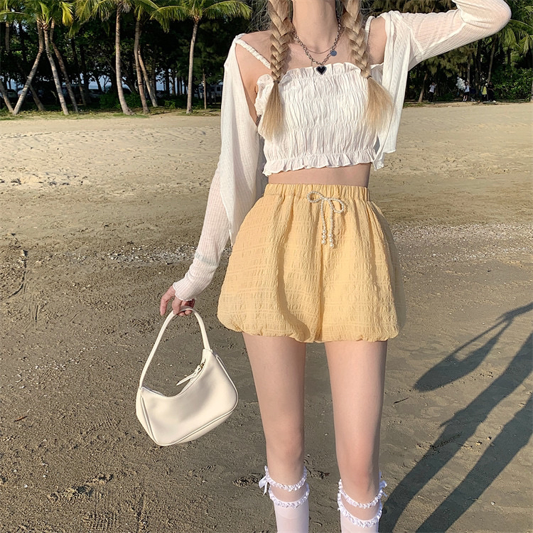 [JX] pearl Bow Elastic Waist fresh bubble casual shorts k28042# WTT