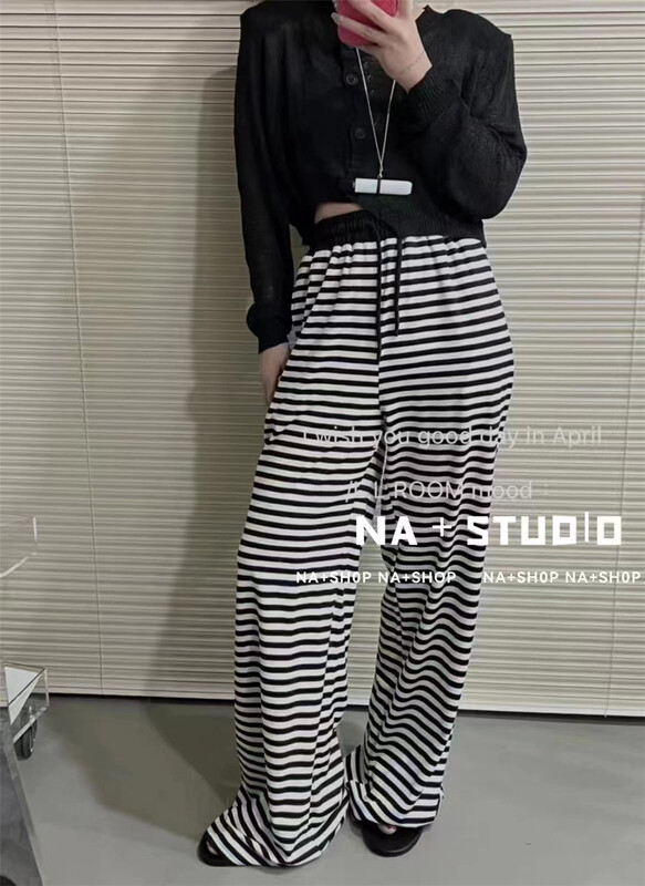 【NA+】個性條紋寬鬆系帶休閒褲  4007#  XYY