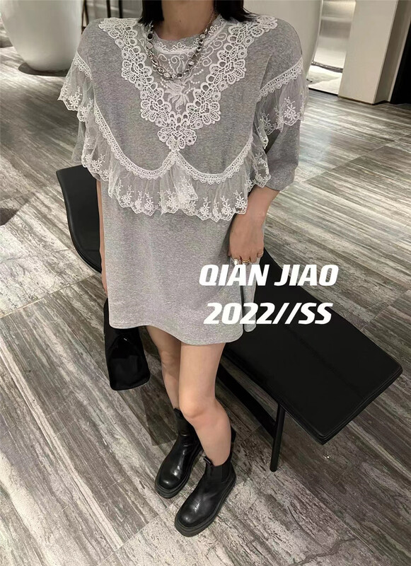 [QIANJIAO] lace hollow out fashion short sleeve T-shirt (excluding necklace) 6887\pcz