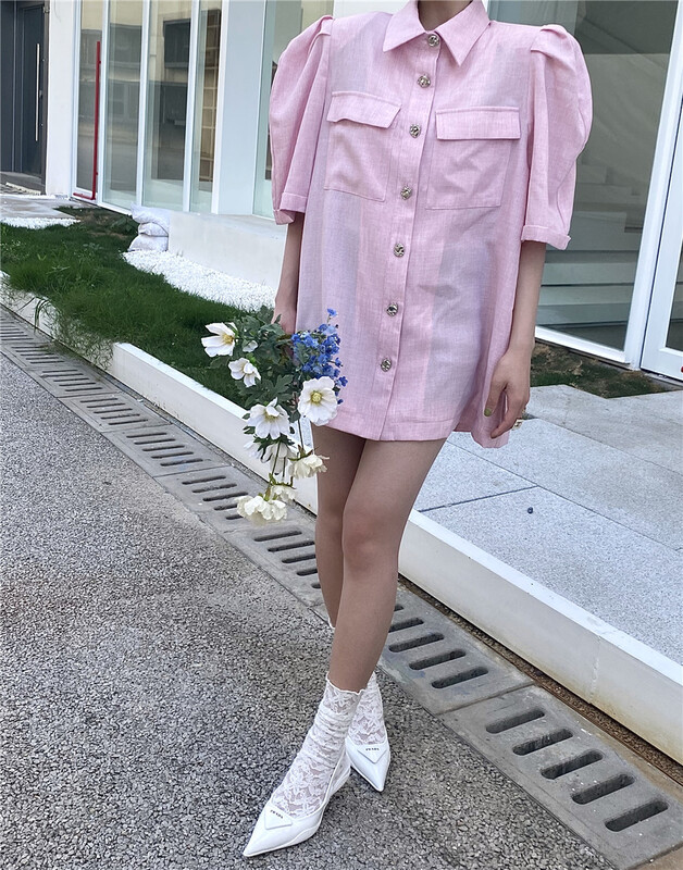 [open] shirt collar bubble sleeve dress 8773# ozq