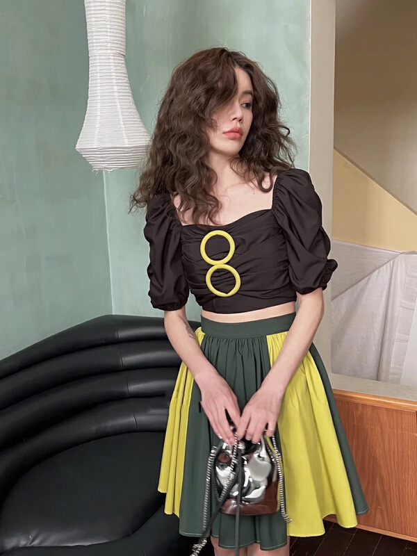 [rasion] bubble sleeve blouse + age reducing skirt two piece suit 8426# LSL