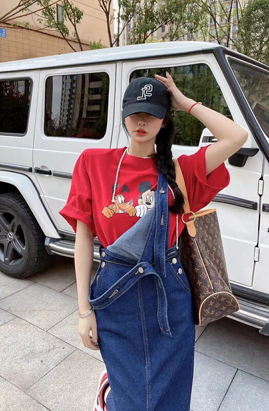 goods in stock! New in early summer! [M.H] Korean versatile cartoon T-shirt + denim fashion strap skirt set 2440# PCZ