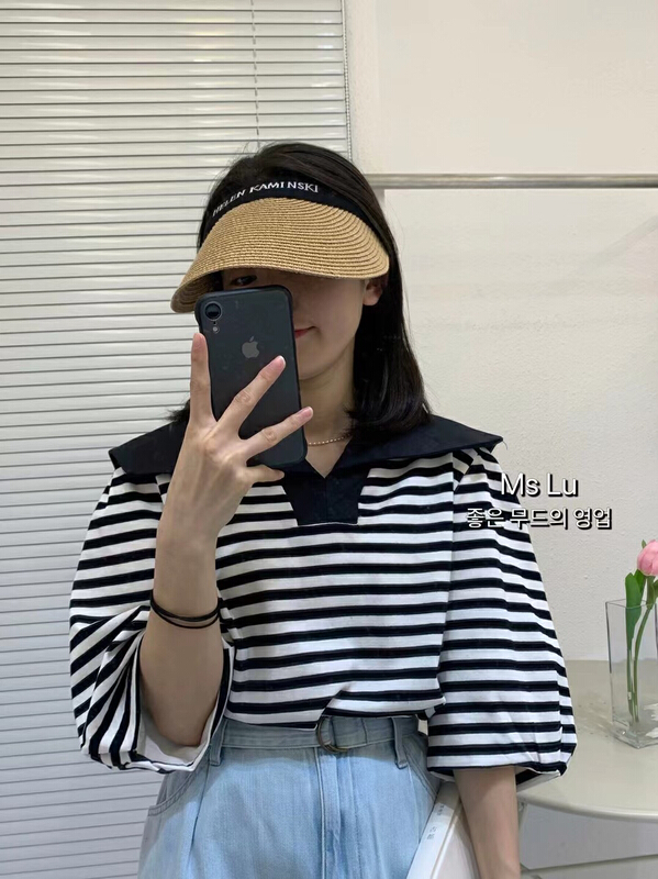 [Xiaolu family] classic stripe Navy collar fashion polo shirt (only selling tops) 80521-1# WTT