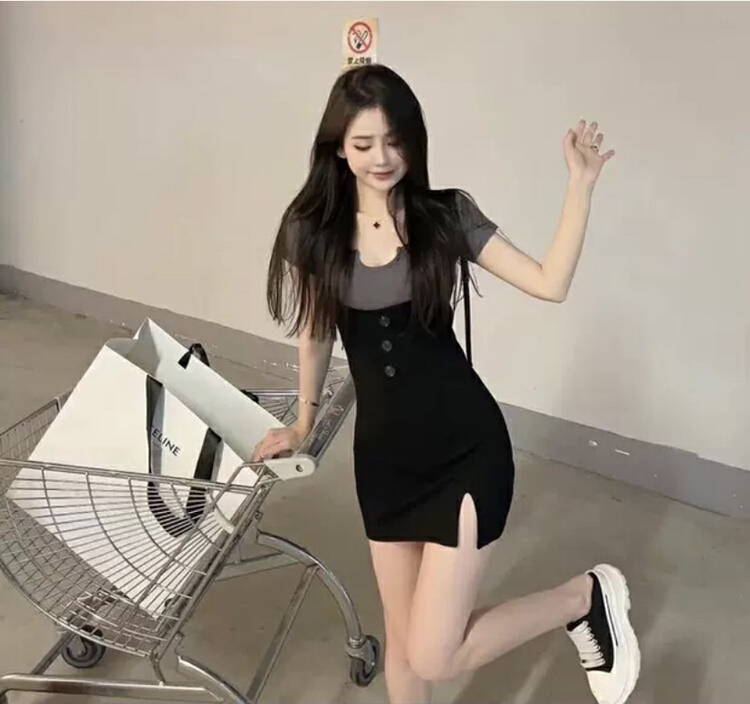 [fan fan] fashion spice girl U-neck suspender strap skirt + net color short sleeve T-shirt set 5578# JJ