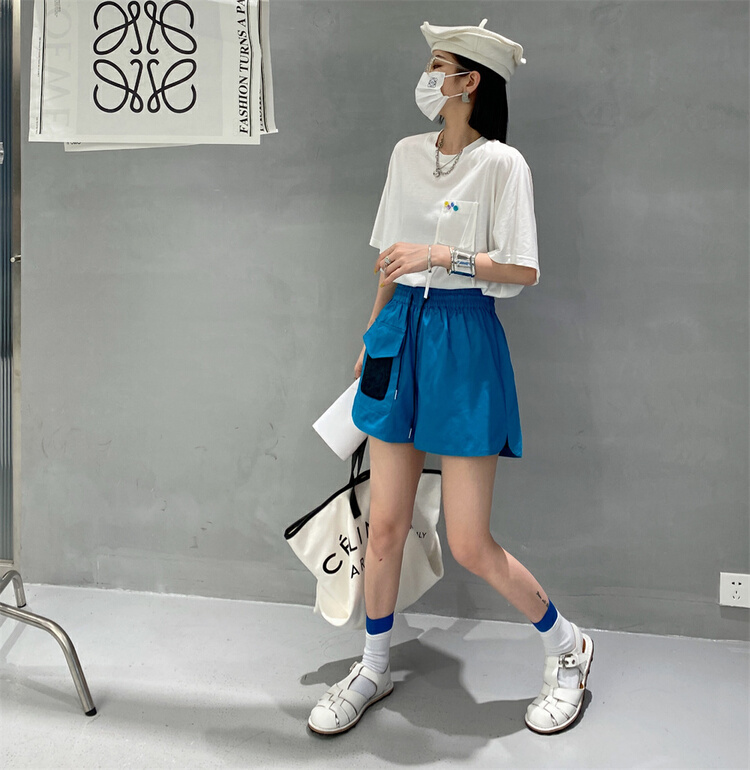 [Lily] Korean color blocking pocket versatile casual shorts 70012# XJ