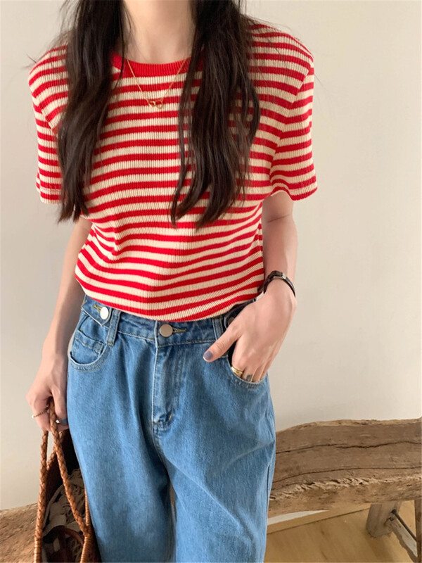New in early summer! [miss sumey millet] Korean classic stripe round neck short sleeve T-shirt 2396# HBx