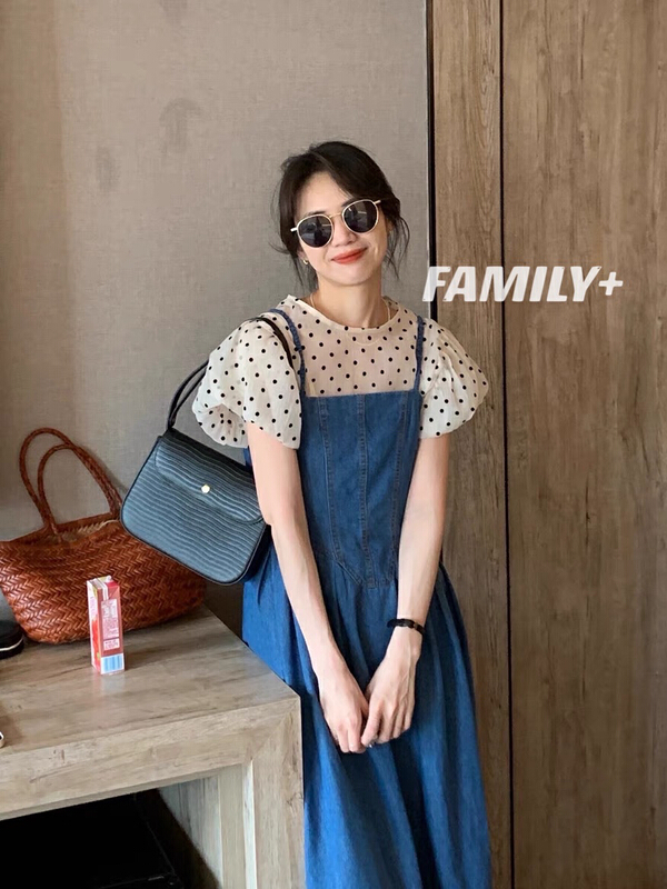 [family +] Korean version bubble sleeve wave dot Top + washing sling denim dress set 378# ozq