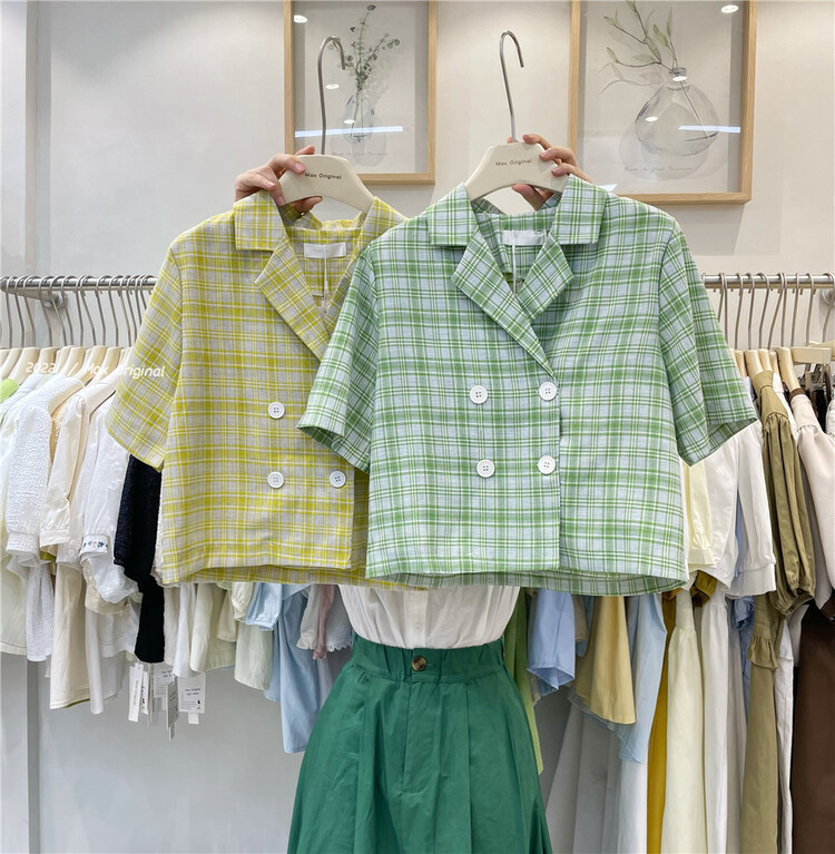 New in early summer! [Max original] casual Plaid double breasted suit collar shirt 98116# HBx