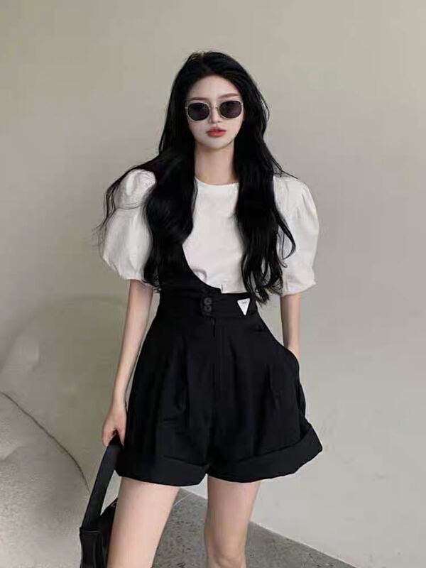[Huaxi] Korean loose solid color T-shirt + loose wide leg suspender suit 8832# PCZ