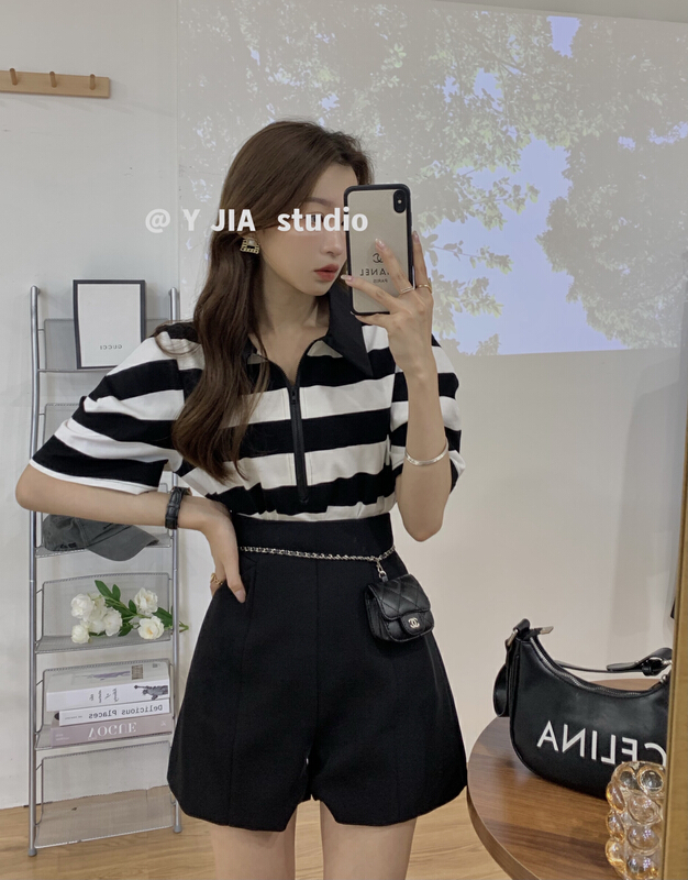 Original price 77.83! [y.jia Yijia] simple stripe short sleeve + high waist zipper casual Shorts Set ys1-5609