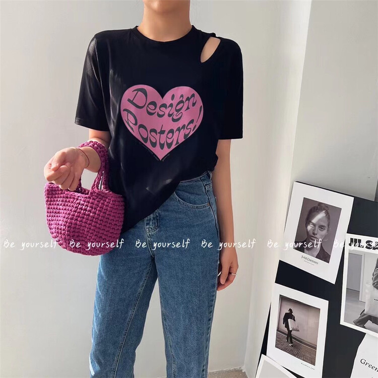 New in early summer! [be your self] Love Print loose Casual Short Sleeve T-shirt 66161# LSL