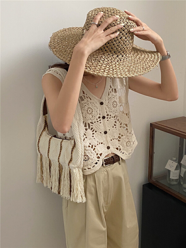 [the nice] design sense hollow hook and flower breasted vest 00296# hjy