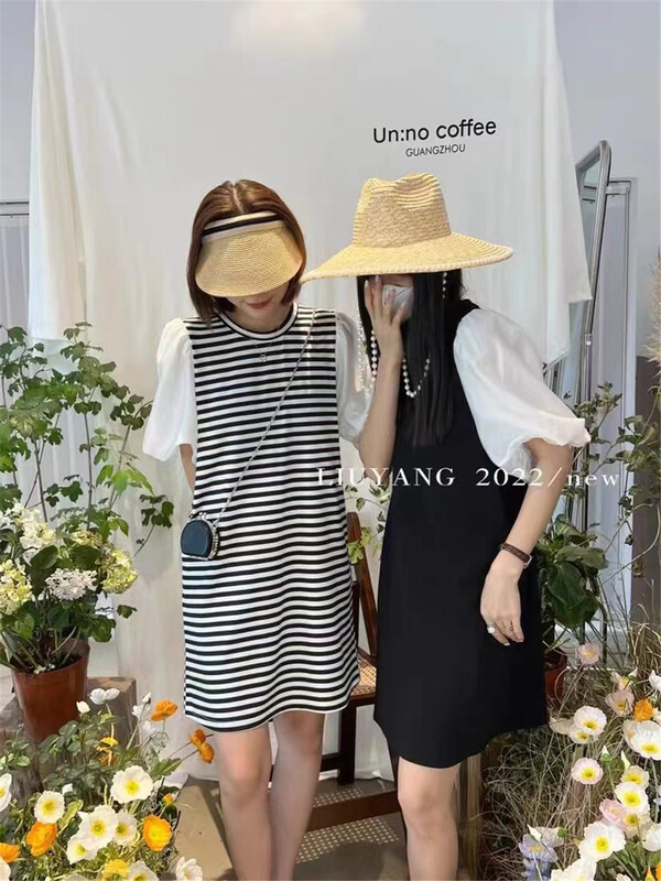 [77. Shop] striped bubble sleeve Pullover dress 9187# WTT
