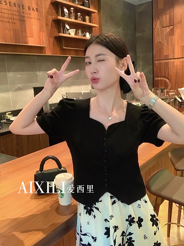 New in early summer! [aixili aisili] fashionable and versatile square neck one row button blouse 6376# WPL
