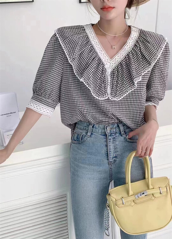[lucky. Bibi] Korean lace Plaid blouse 897# cqw