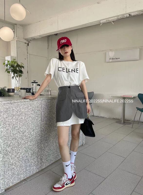 New in early summer! [Nina life] letter print short sleeve T-shirt + temperament slim skirt set 3980# zxl