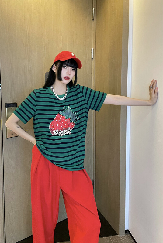 [3 + 2] Korean fashion strawberry stripe loose short sleeve T-shirt 3210# WPL