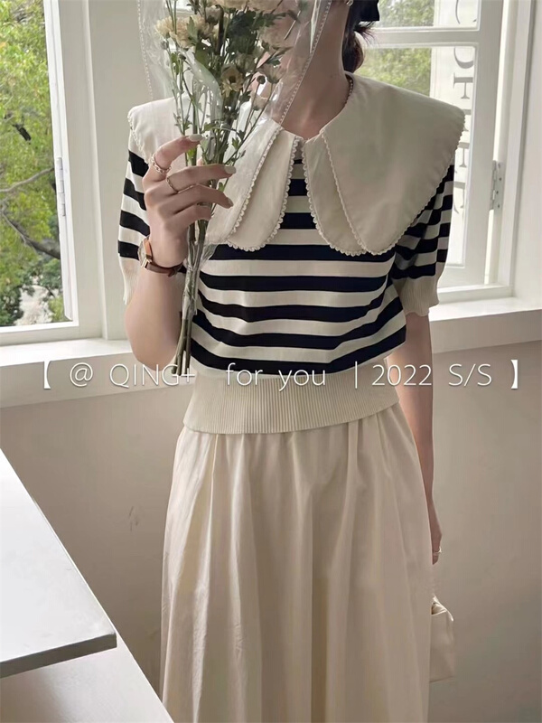 New in early summer! [qingqingjia] Korean doll neck striped sweater (detachable with doll neck) 5260# XYY