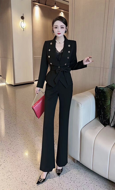 New year in early spring! [Torreya grandis] temperament versatile solid color suit + simple and versatile solid color trousers suit (with belt) 6075# JJ