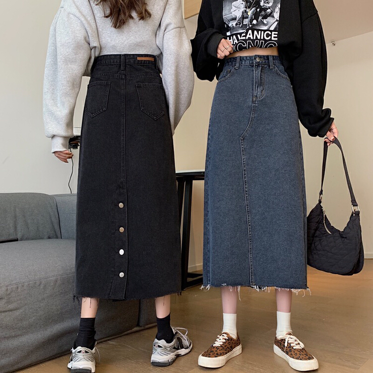 New year in early spring! [timely rain] Han Feng ins Retro High Waist thin A-shaped jeans slit skirt a5969# jhy